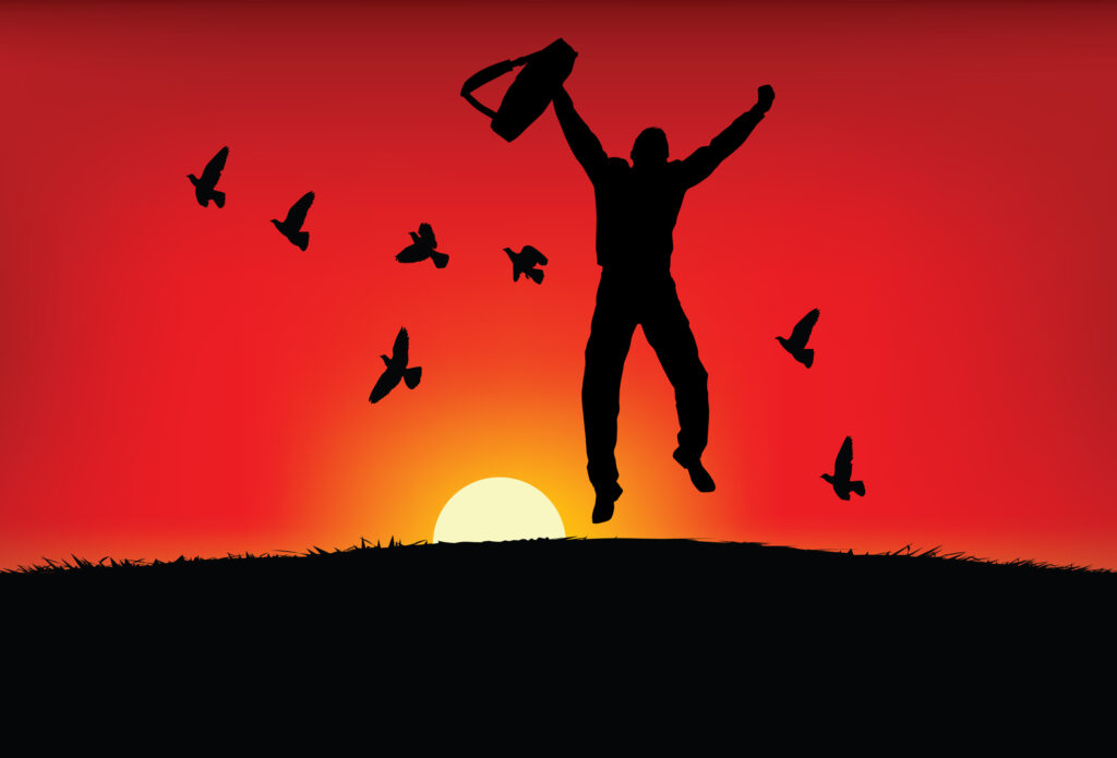 silhouette of man jumping with birds in sunset