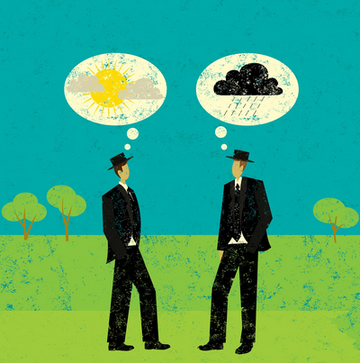 artwork of two men thinking about sunshine and rain