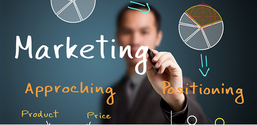 marketing artwork with man writing in background