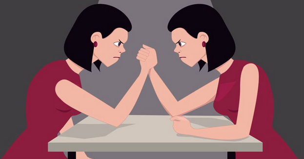 two cartoon women arm wrestling