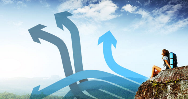 woman sitting on mountain with blue arrows