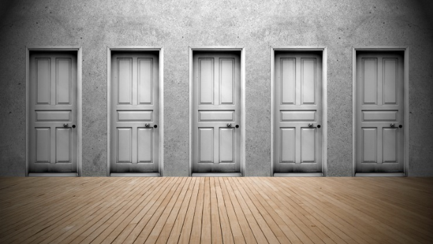 wall with five grey doors