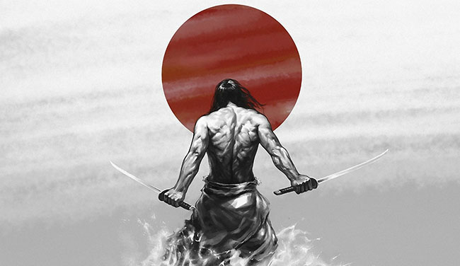 Japanese warrior walking to red circle